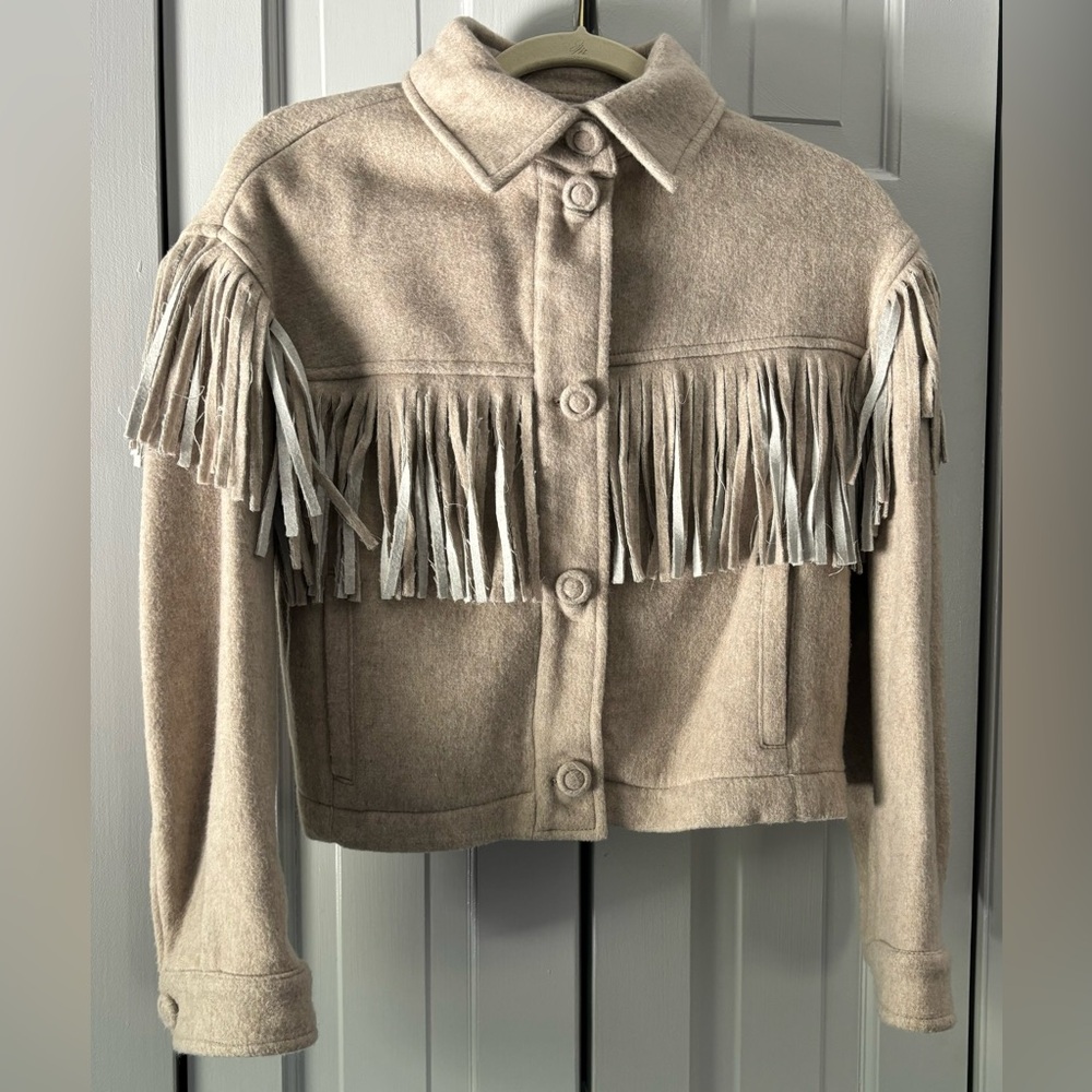 Something Navy Delphine Beige/Grey Fringe jacket xs in excellent condition.